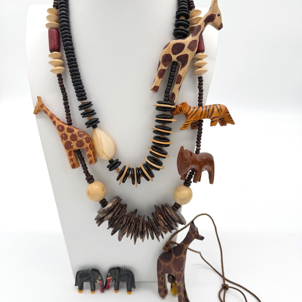 Vintage African Safari Animal Necklace Lot Wood Beaded Tribal Boho